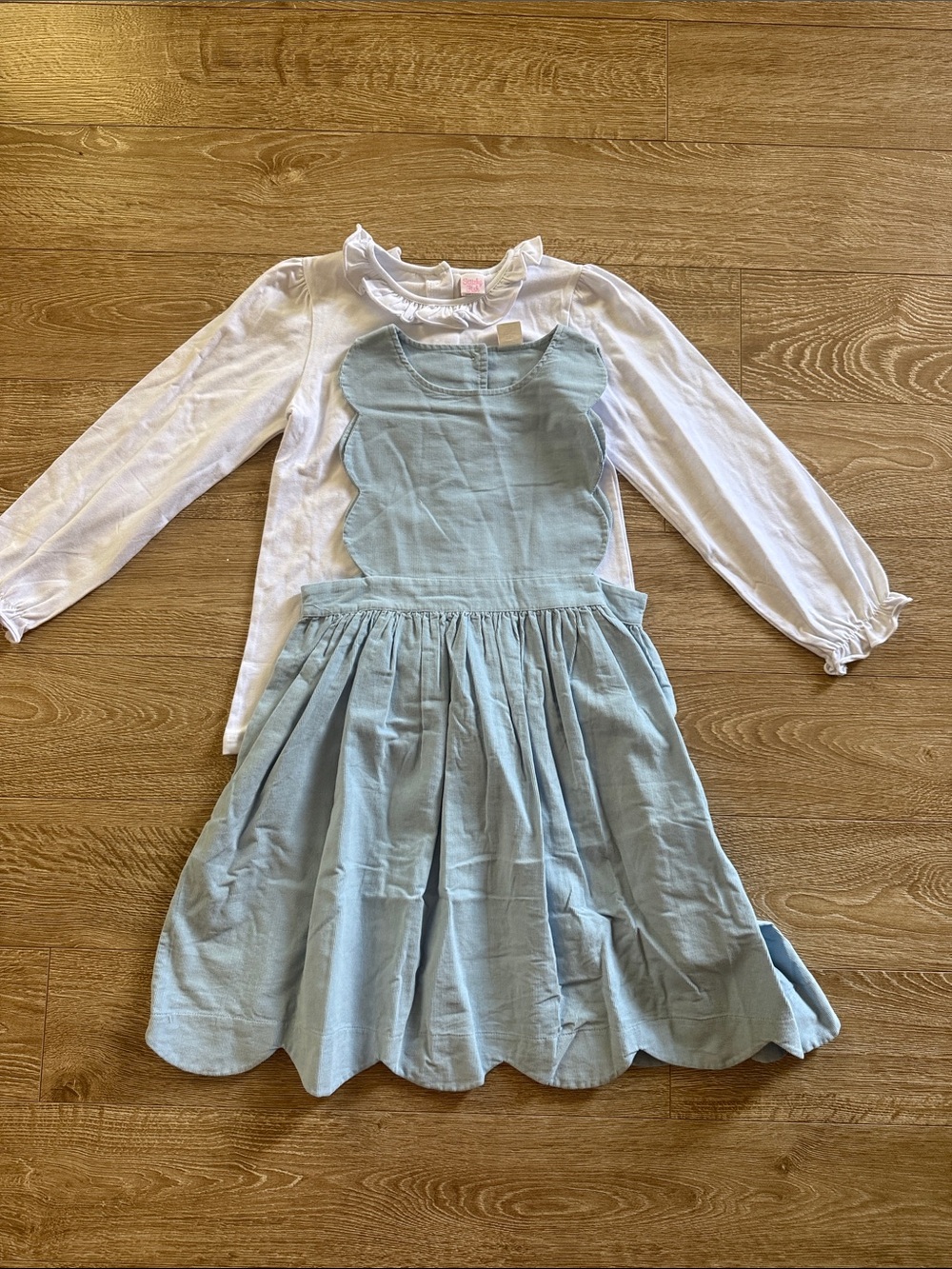 Girls Light Blue Scalloped Pinafore Dress with White Long-Sleeve Top